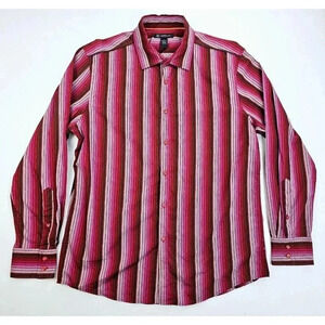 Inc Size Large Men's Red Burgundy Black Trim Stripe Spread Collar Long Sleeve